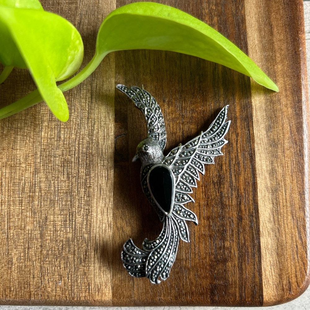 Silver and Black Bird Brooch